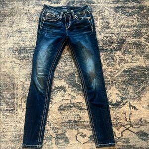 Miss Me Blue Skinny Jeans with Vintage Distressed Wash